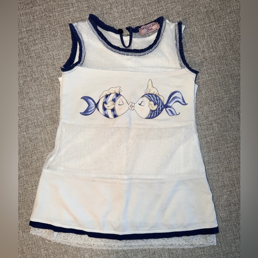 MonnaLisa White and Blue Fish Print Tank Top